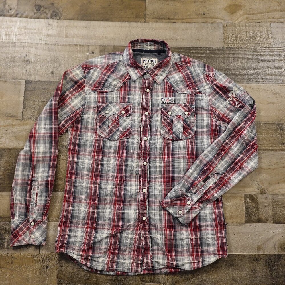 Petrol Industries‎ fine tuned plaid shirt men's medium red gray white racing